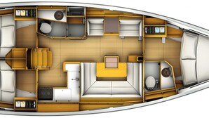 Interior de barco com área de jantar, cozinha e dois quartos.