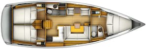 L'intérieur d'un bateau comprend un espace repas, une cuisine, une salle de bain et un coin salon.
