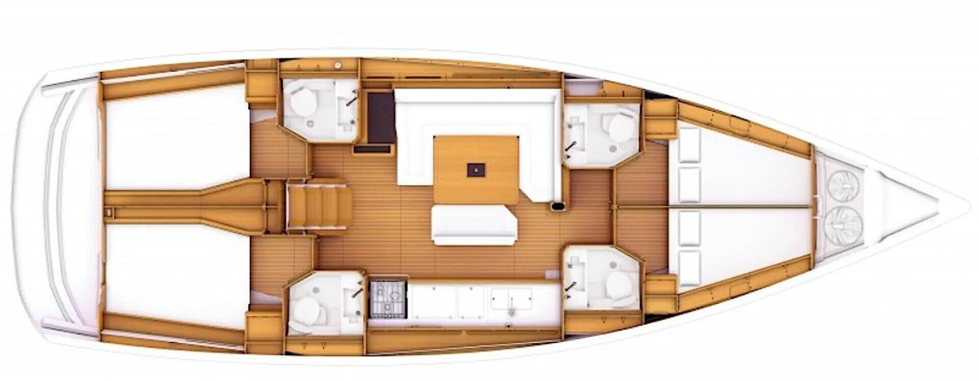 Bootinterieur met een centraal zithoekje, twee hutten en een kleine keuken.
