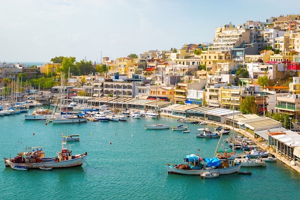 Un puerto marítimo costero con numerosos barcos amarrados, rodeado de edificios muy juntos.