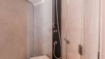 A modern bathroom with a shower, toilet, and a wooden floor.