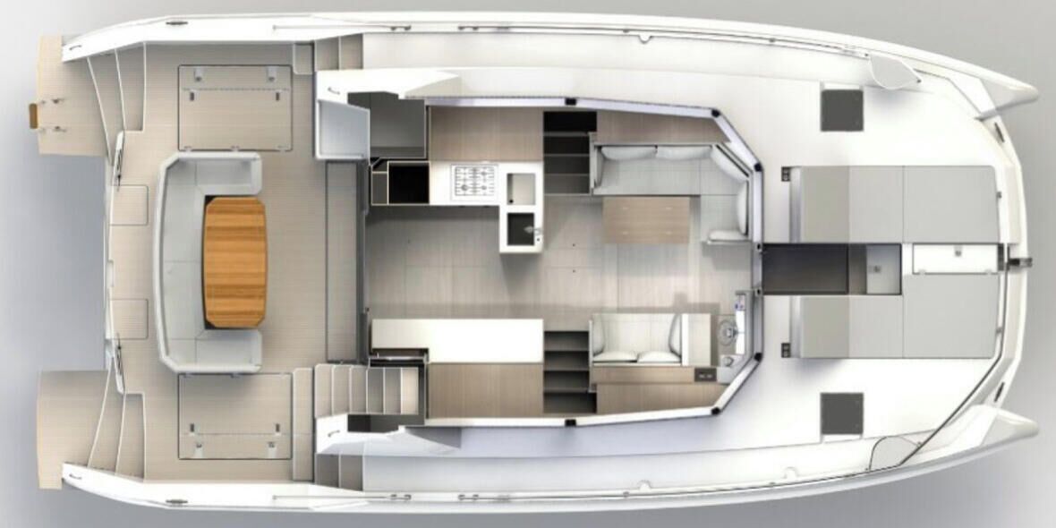 A boat's interior layout with a dining area, kitchen, and seating.