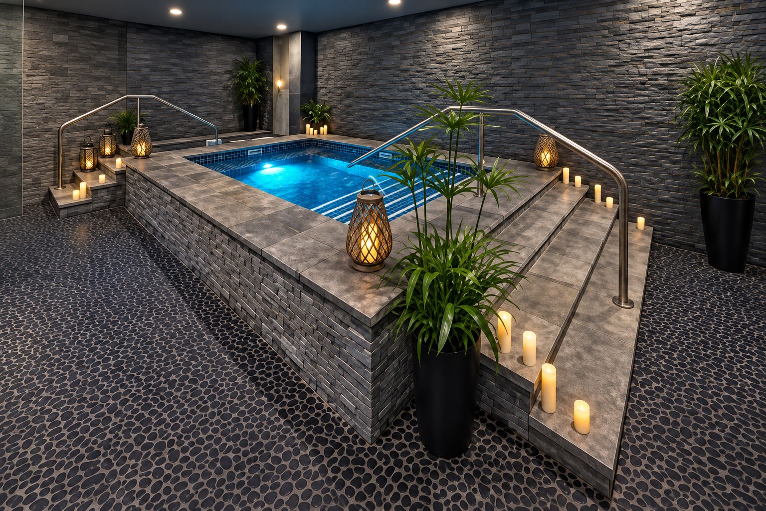 A spa area with a rectangular pool, stone walls, and potted plants.
