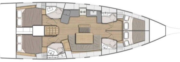 A boat interior with a dining area, a kitchen, and a seating area. - Sun-Kissed Sailing Adventure in Islas Sarónicas (Piraeus)