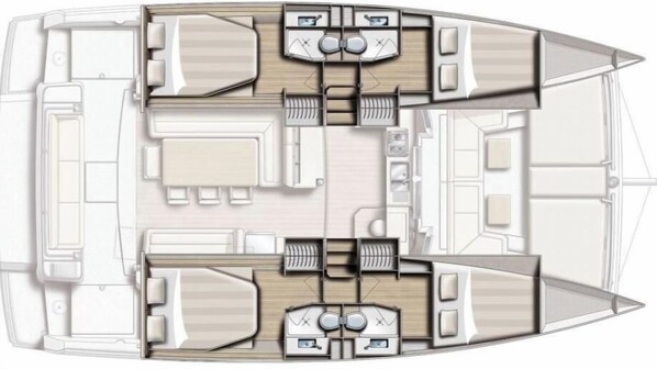 A boat interior with a dining area, two separate seating areas, and a kitchen.