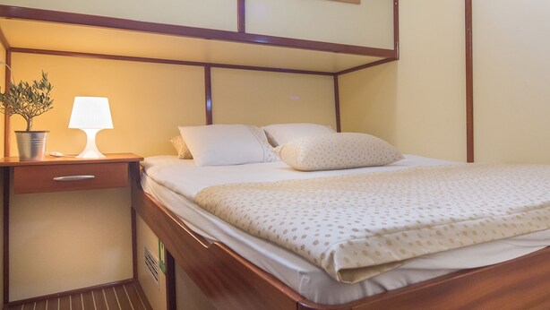 A neatly made bed with a patterned bedspread, a bedside lamp, a potted plant, and a small rug on a wooden floor.