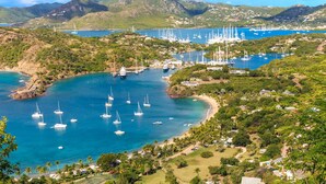 A coastal area with numerous sailboats docked in a marina, surrounded by lush greenery and hills. - Caribbean Dream: Sun-Soaked Sailing Adventure from Antigua and Barbuda (English Harbour)