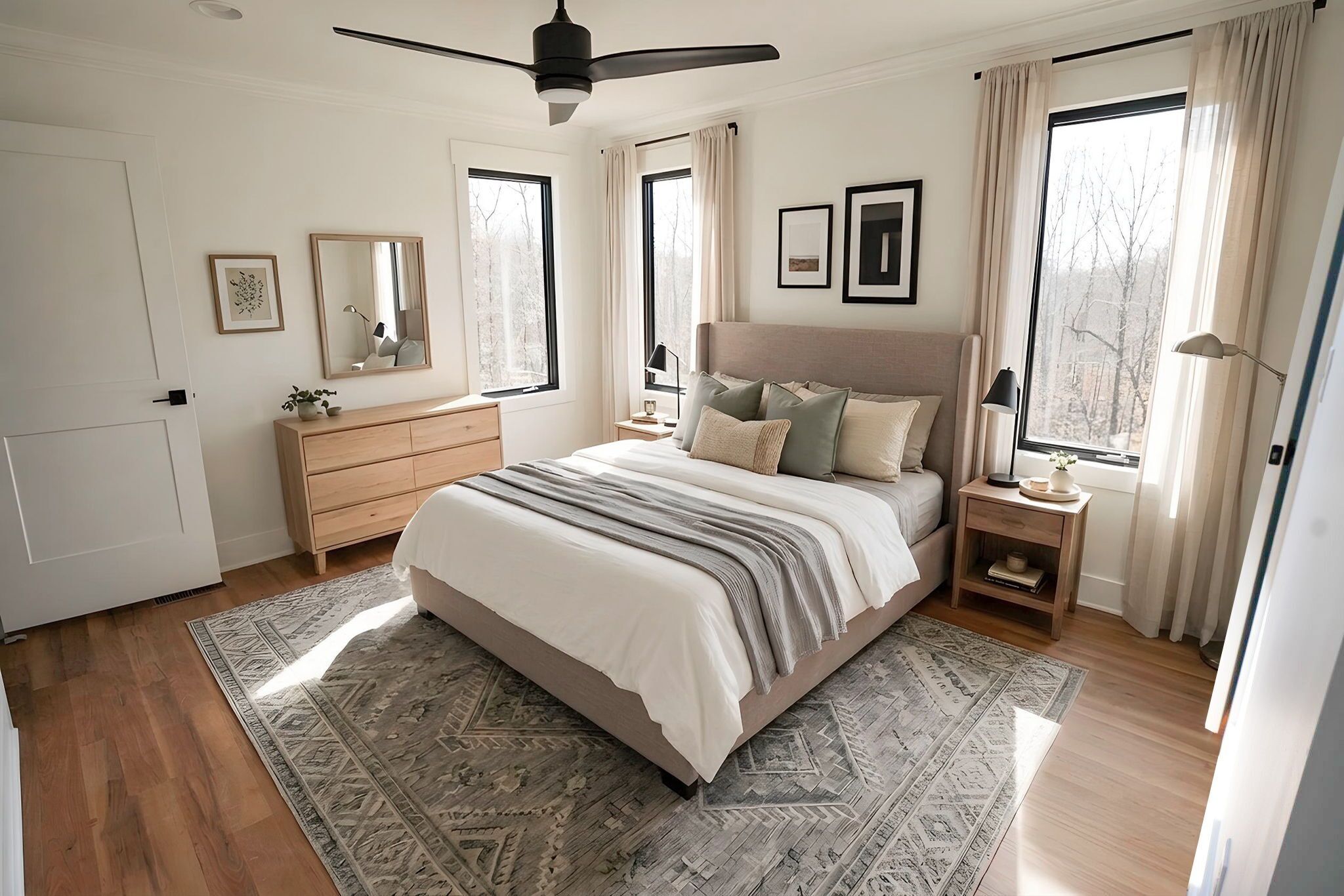 Une chambre à coucher comprenant un lit, des tables de chevet, une commode, un ventilateur de plafond et de grandes fenêtres avec des rideaux.