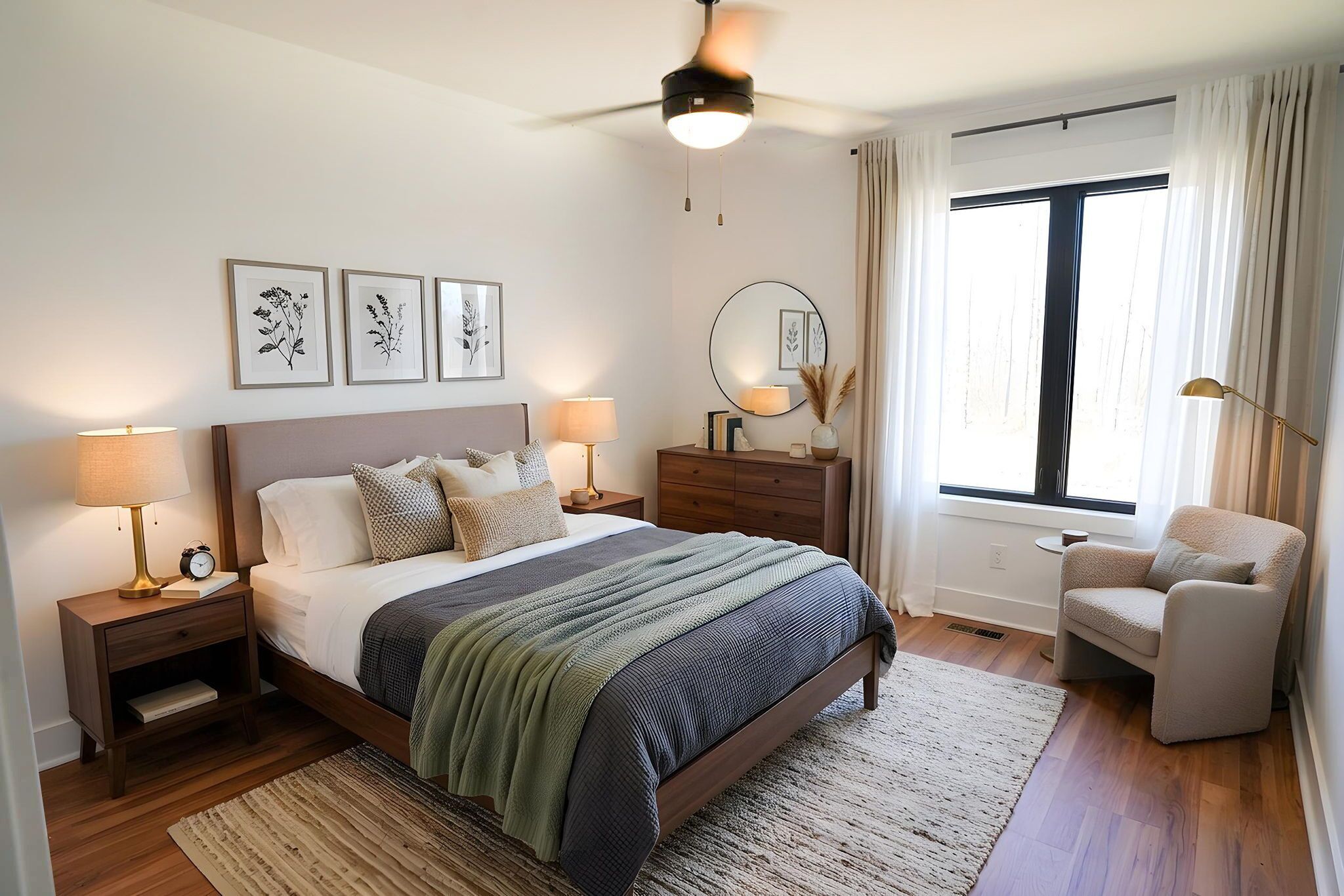 A bedroom with a bed, bedside tables, a chair, a window, and artwork on the wall.