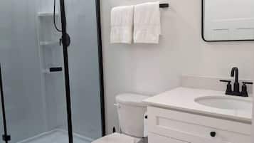 Hair dryer, towels, shampoo, toilet paper