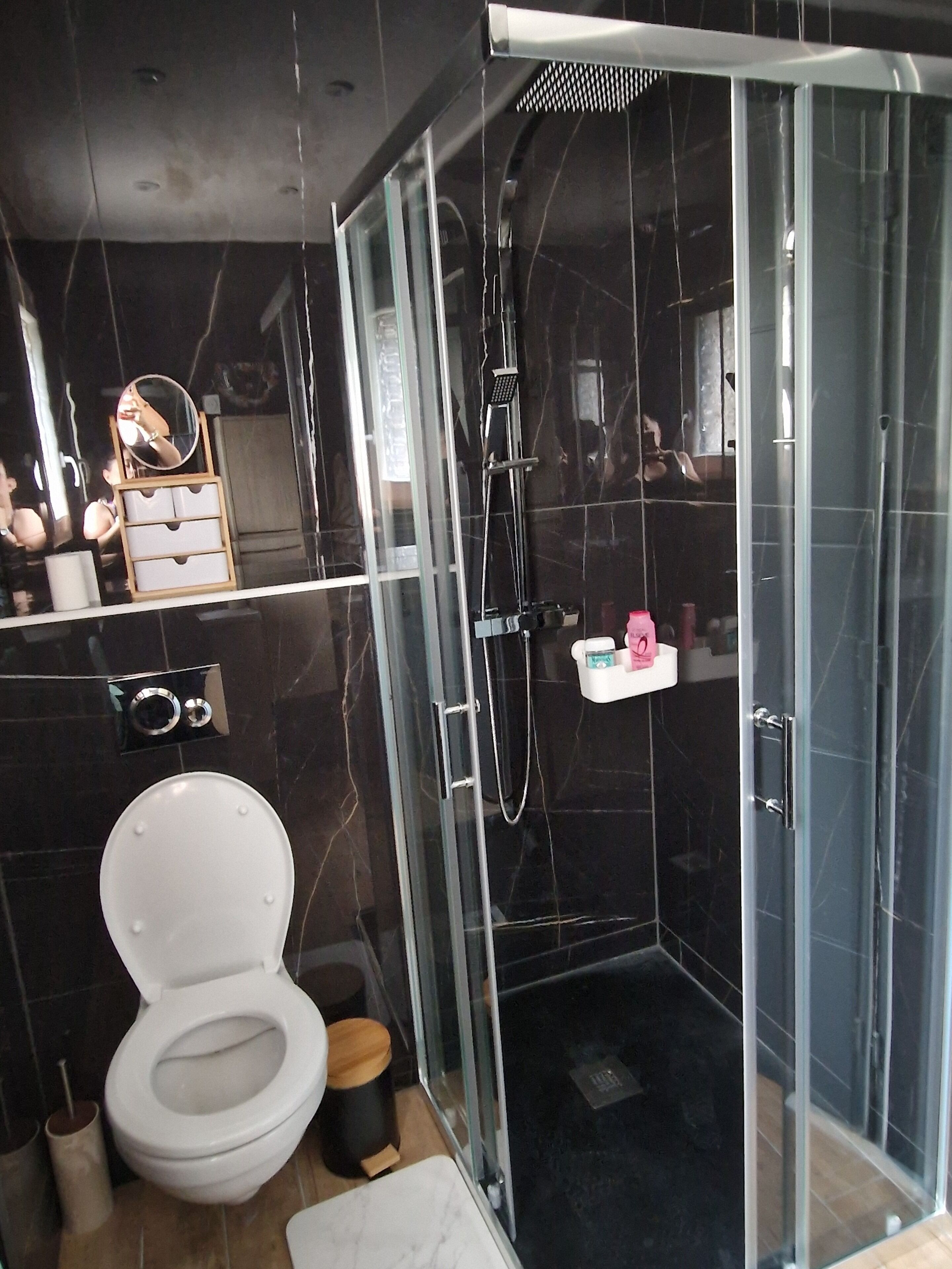A modern bathroom with a glass-enclosed shower, a white toilet, and a vanity with a mirror and storage.