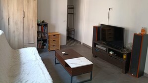 Una sala de estar con sofá, mesa de centro, televisor, estantería y armario.