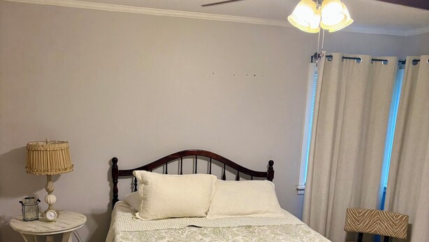 Une chambre à coucher avec un lit, un ventilateur de plafond, une table de chevet, une lampe et une chaise.