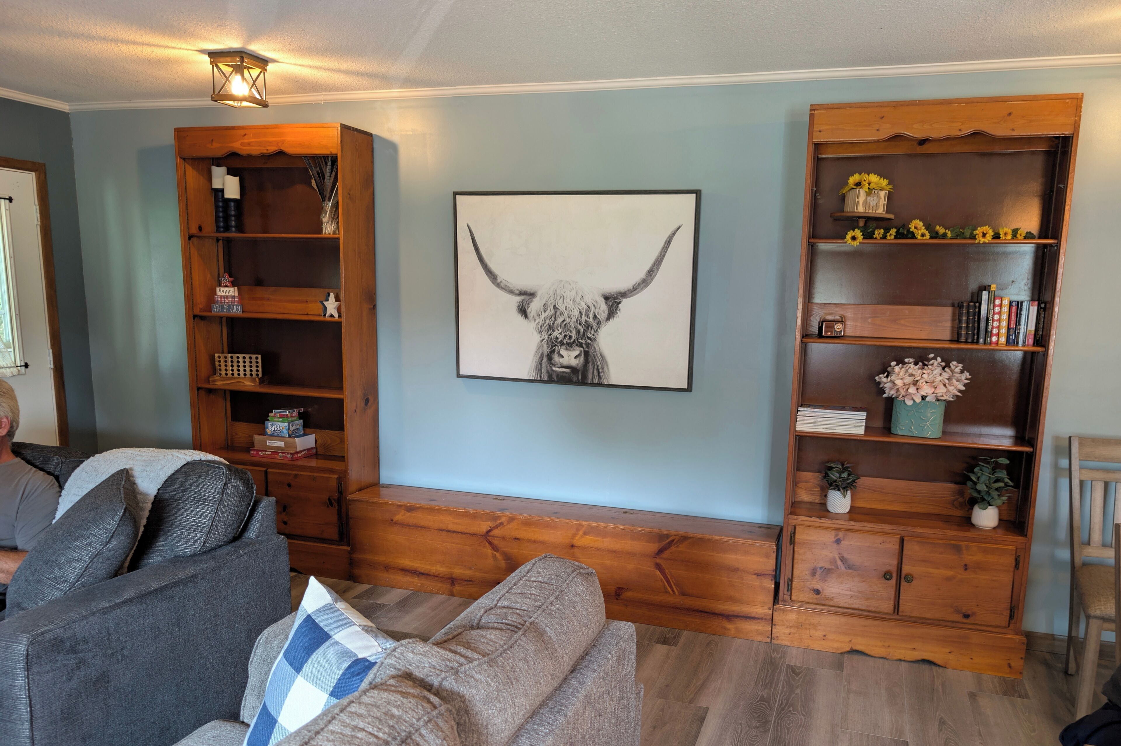 A living room with a sofa, a wooden bookshelf, and a framed artwork.