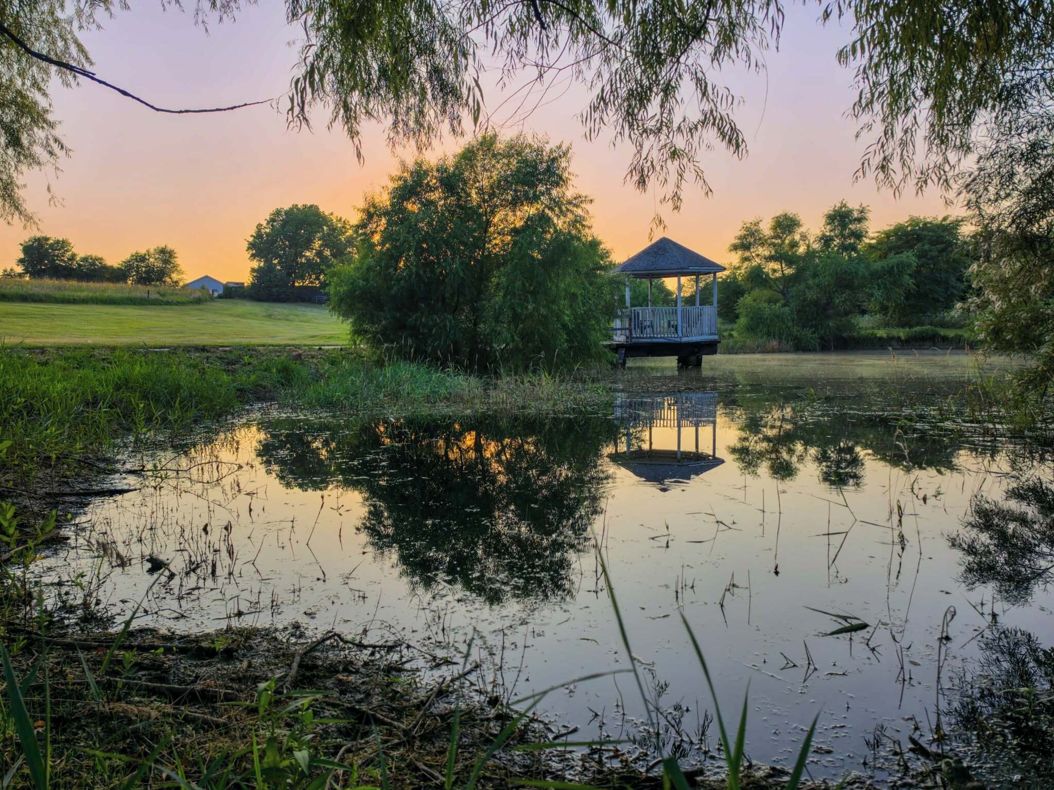 A gazebo in a pond surrounded by trees.