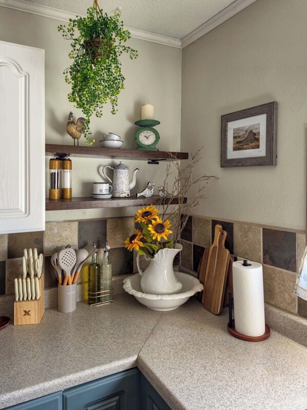 A kitchen with a hanging plant, a clock, a framed picture, and various kitchen utensils.