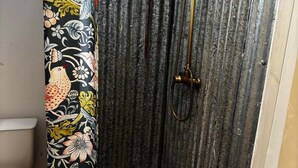 Ducha con cabezal, ducha de mano y cortina con motivos florales.