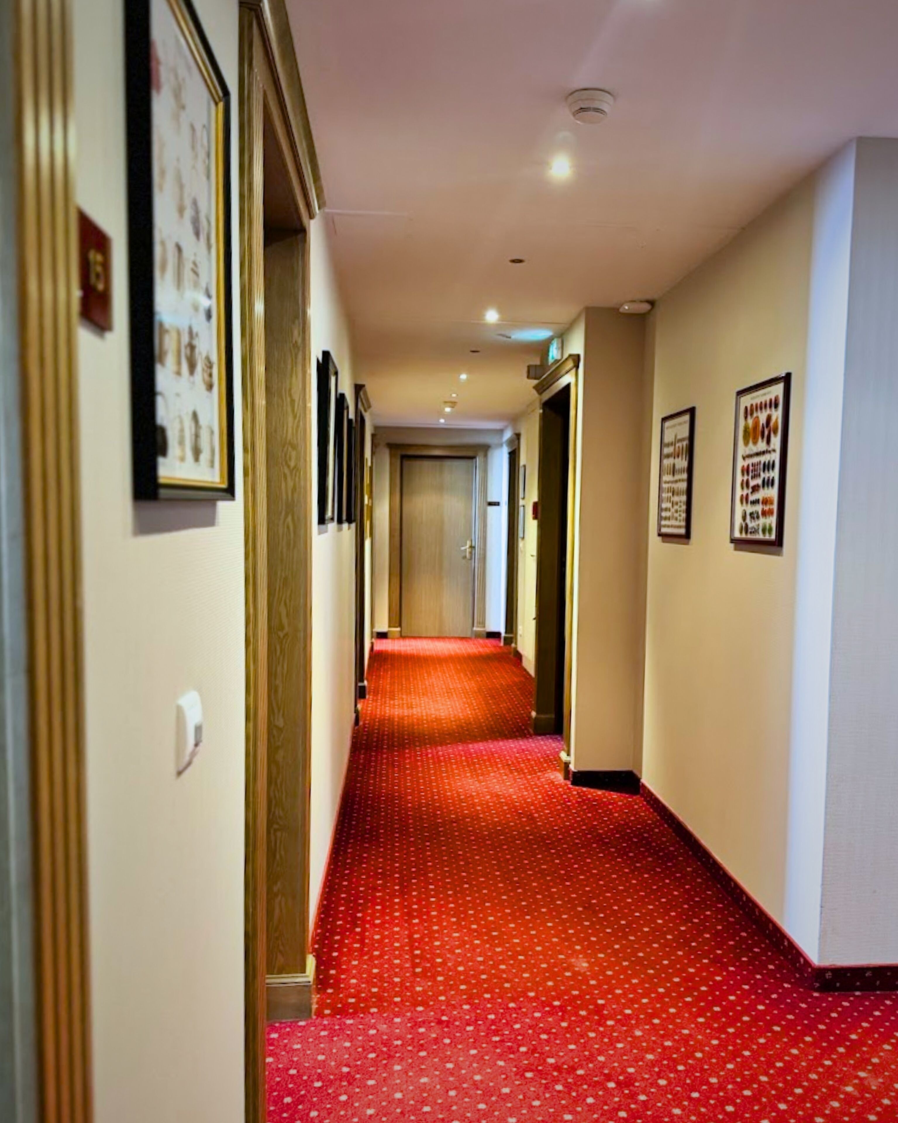 Pasillo de hotel con alfombra roja, cuadros en las paredes y una puerta al fondo.