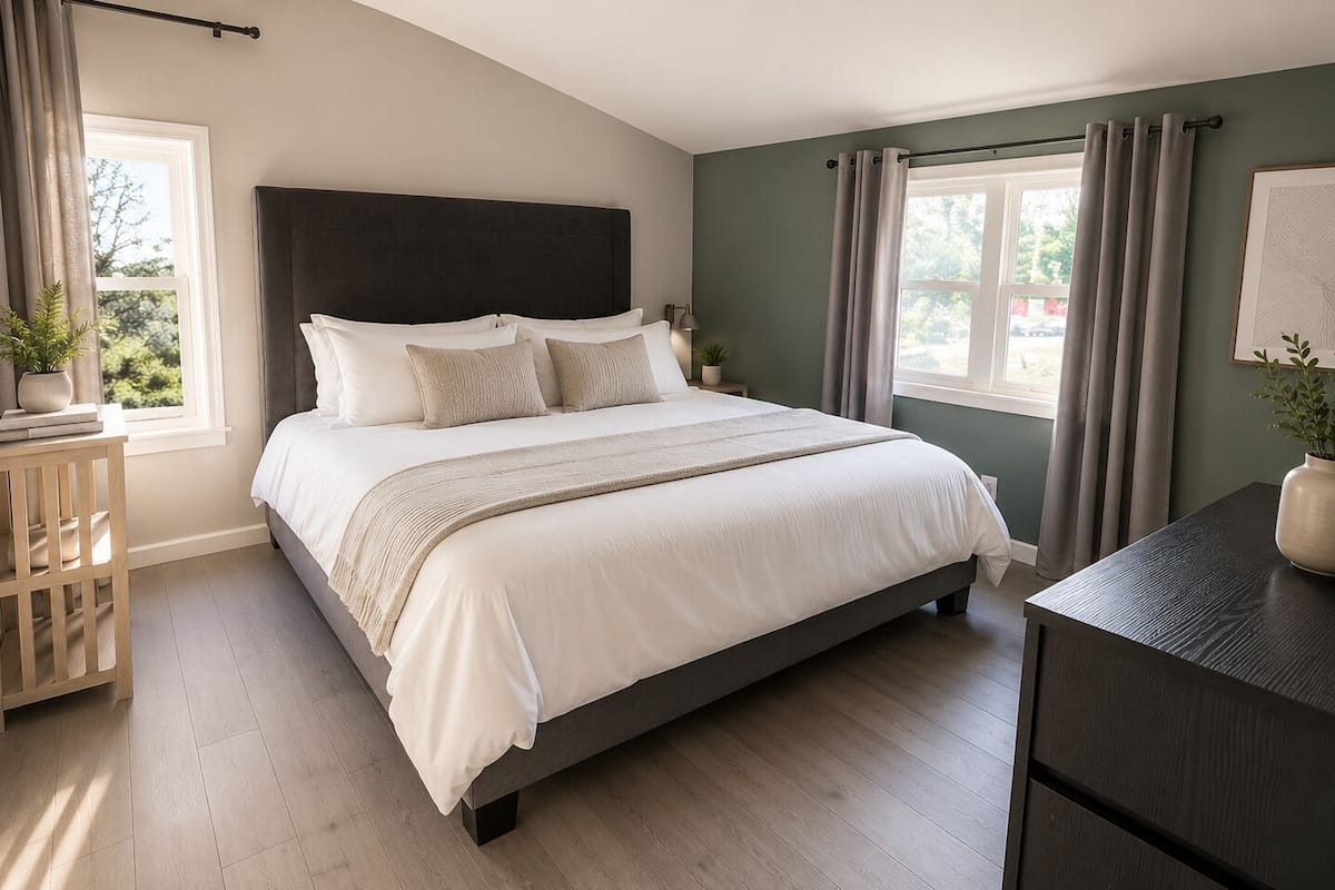 A bedroom with a bed, bedside tables, a dresser, and a window with curtains.