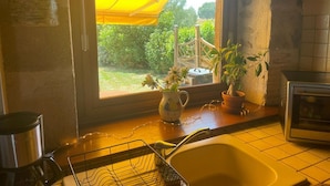 Una cocina con ventana, un lavamanos, una cafetera y dos plantas en macetas.