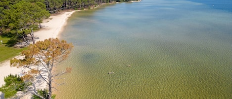 A coastal landscape with a sandy beach, clear water, and dense forest.