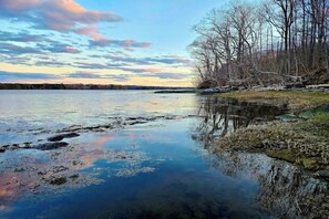 Un lac paisible aux eaux claires et aux reflets parfaits, bordé d’arbres sans feuilles et s’étendant jusqu’à une rive lointaine.