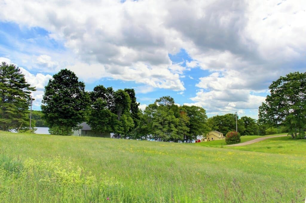 A rural landscape with a field, trees, and a building.