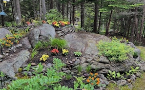 A garden with rocks, plants, and flowers. - Romley House Deck & New Luxe Kitchen Near Boothbay Harbor (Southport)