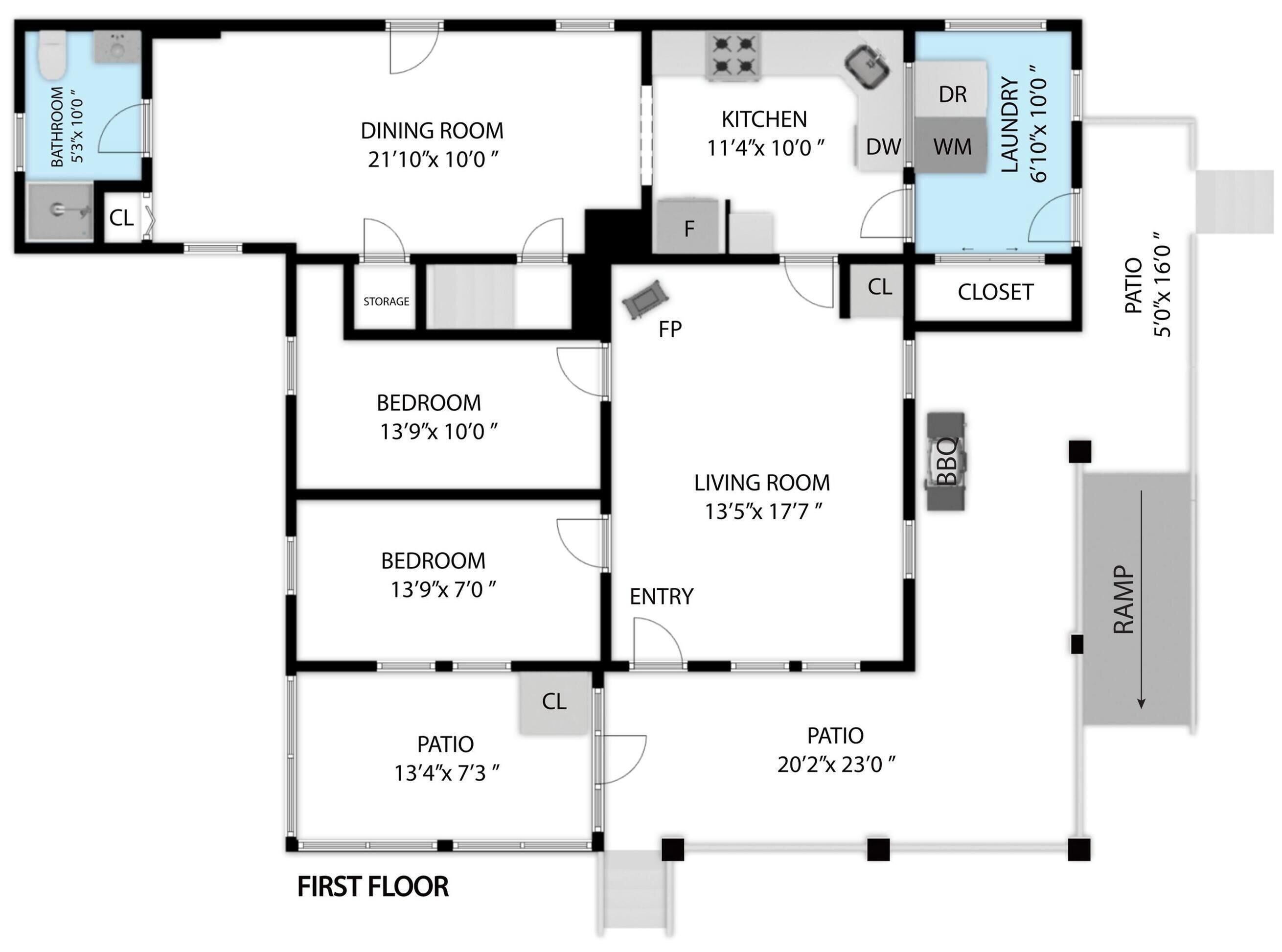 Plan d’un appartement situé au premier étage, comprenant une salle à manger, une cuisine, deux chambres, un salon, un hall d’entrée et deux terrasses.