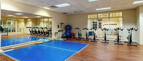 A gym with exercise equipment, a blue mat area, and large windows.