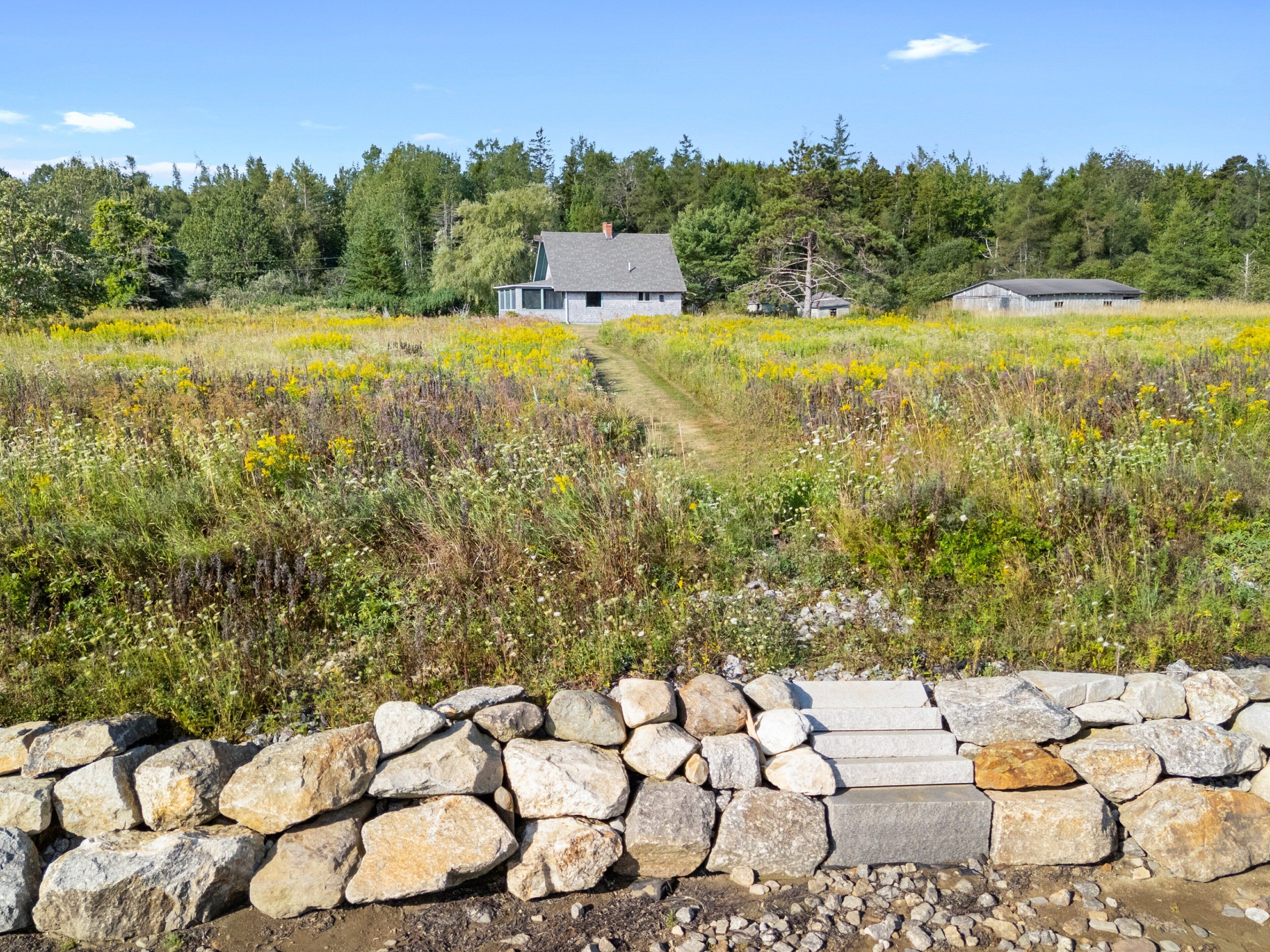 A rural landscape with a stone wall, a path leading to a house, and a forest in the background.