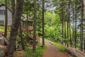 Ein bewaldetes Gebiet mit einer Holzdielen-Terrasse und einem Feldweg, der zu einer Hütte führt.