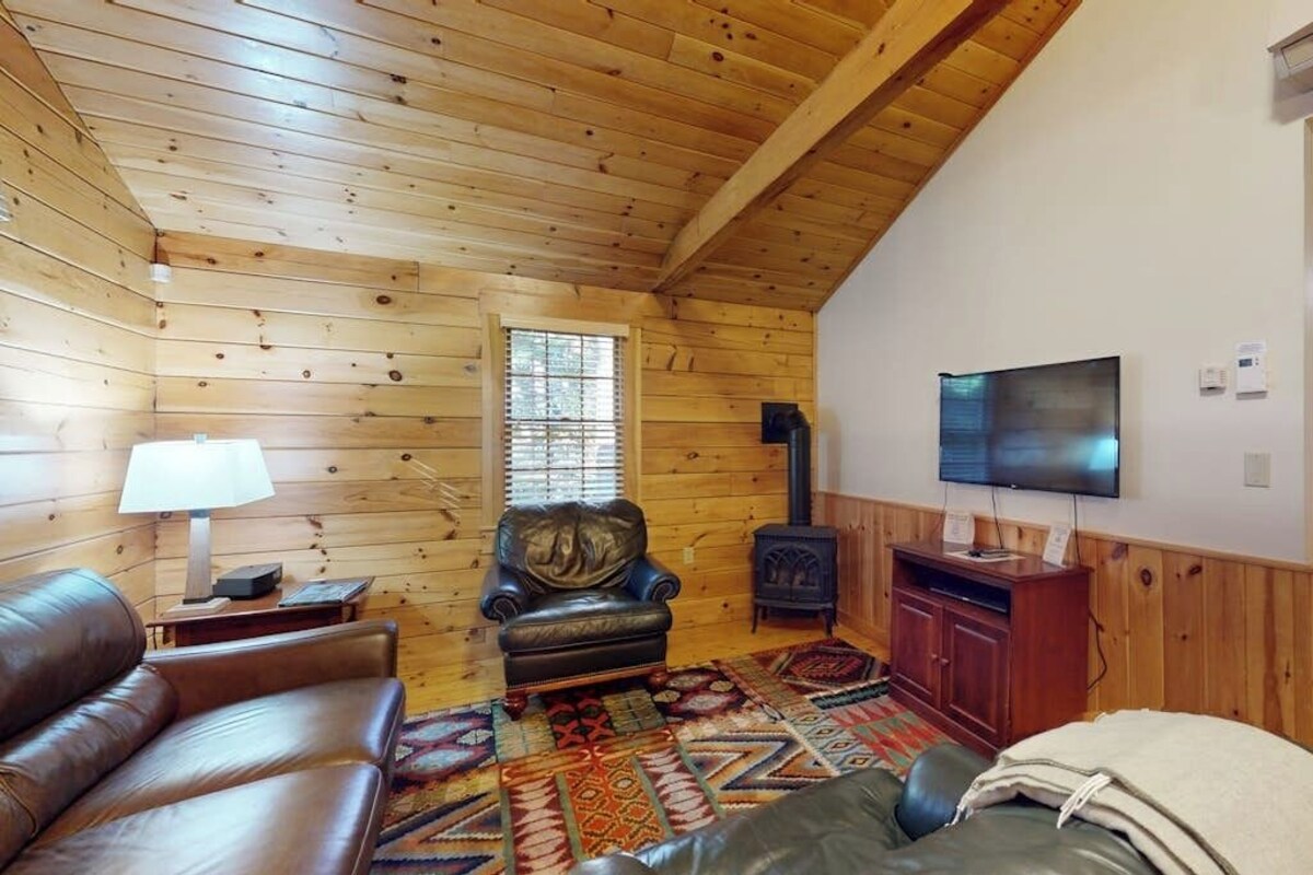 Interior de una cabaña de troncos con sofá de cuero, alfombra estampada, chimenea y televisor.
