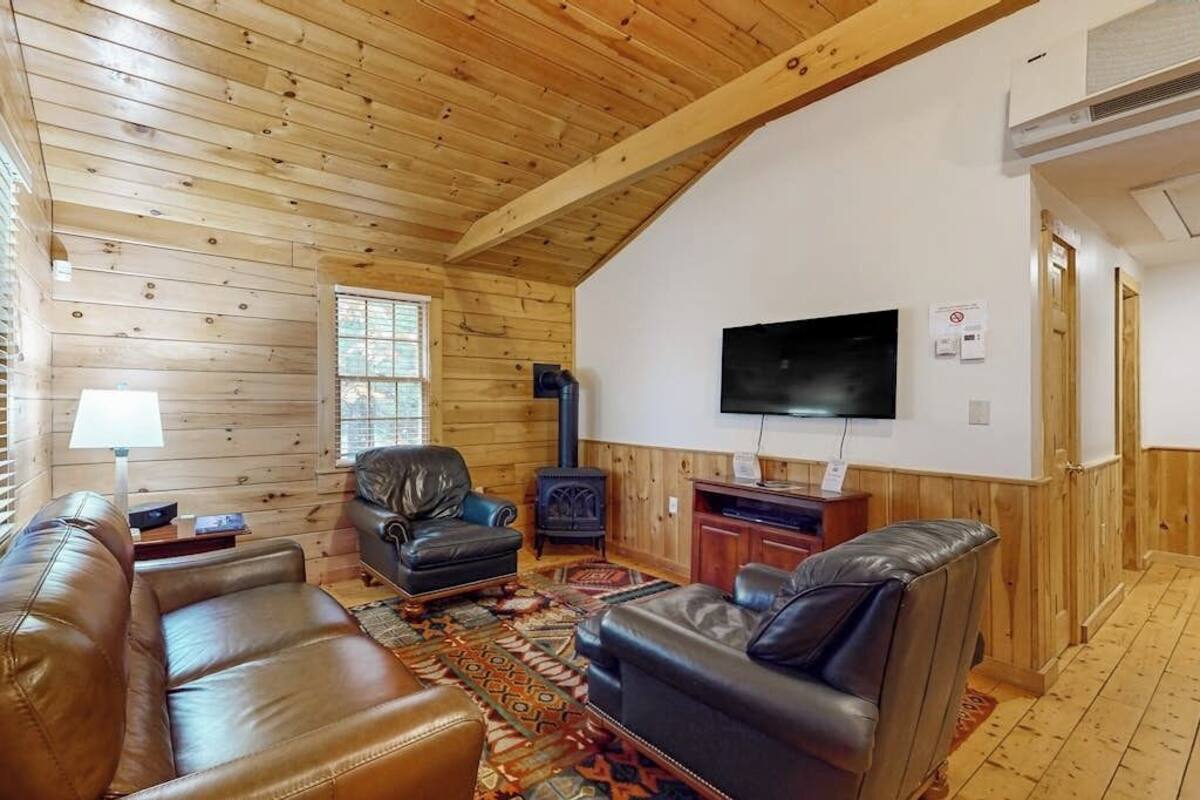 Interior de una cabaña de troncos con chimenea, sofás de cuero, un televisor y una alfombra estampada.