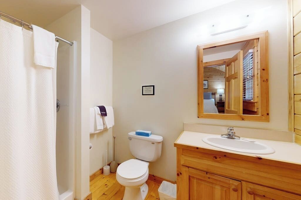 Une salle de bain comprenant des toilettes, un lavabo, un meuble-lavabo en bois et un miroir.