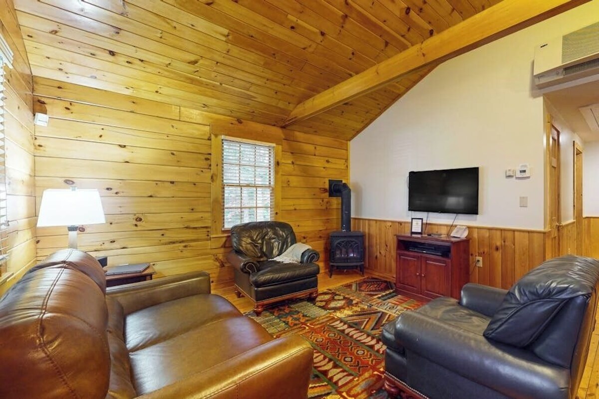 Interior de una cabaña de troncos con chimenea, sofás de cuero, un televisor y una alfombra estampada.