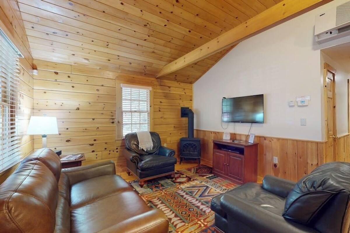 Una habitación con paneles de madera, un sofá, un sillón y una chimenea.