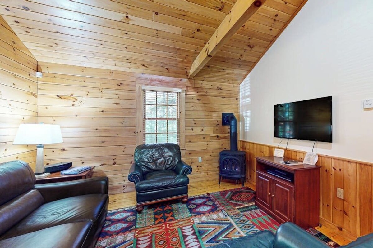 Interior acogedor de una cabaña con paredes de madera, un sofá de cuero, un tapete estampado, un televisor y un estufa de leña.