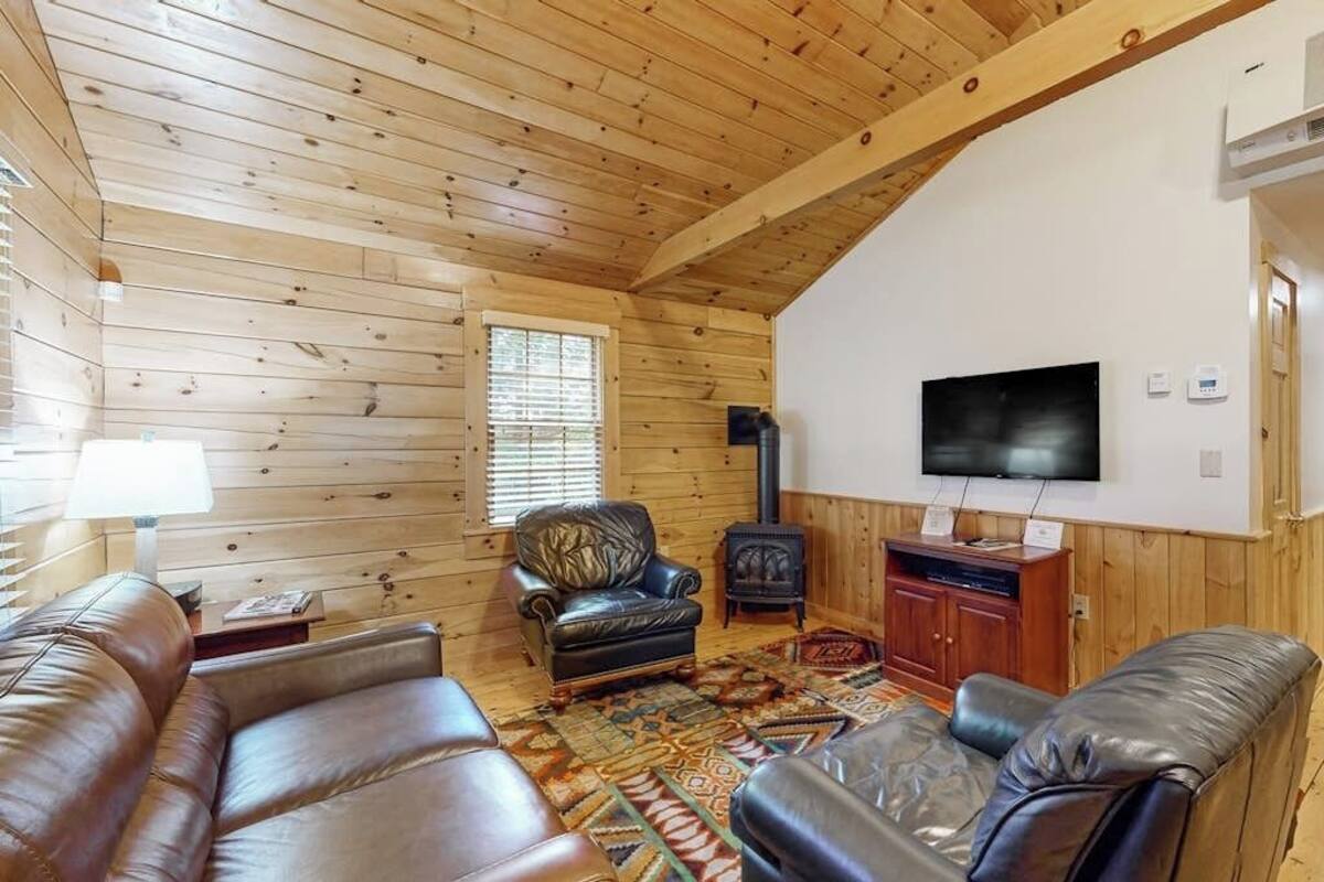 Interior de una cabaña de troncos con chimenea, sofás de cuero, televisor y alfombra estampada.