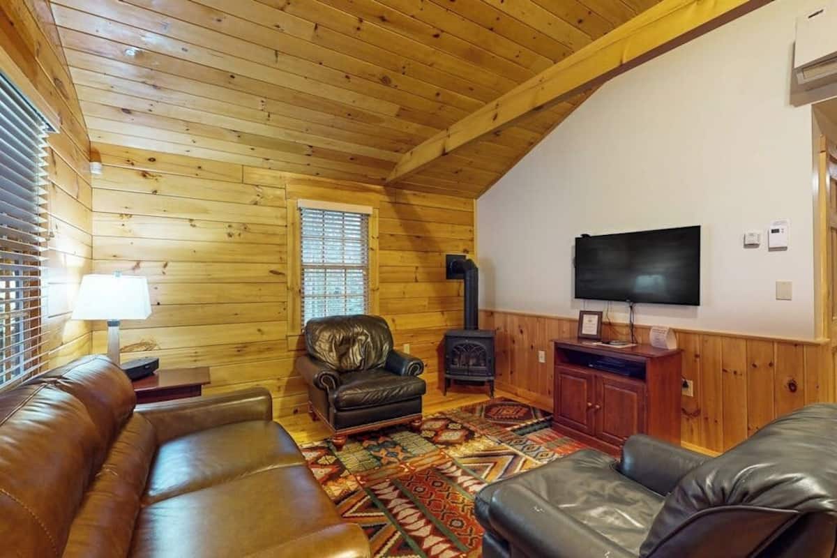 A log cabin interior with a leather sofa, a television, and a wood-burning stove.