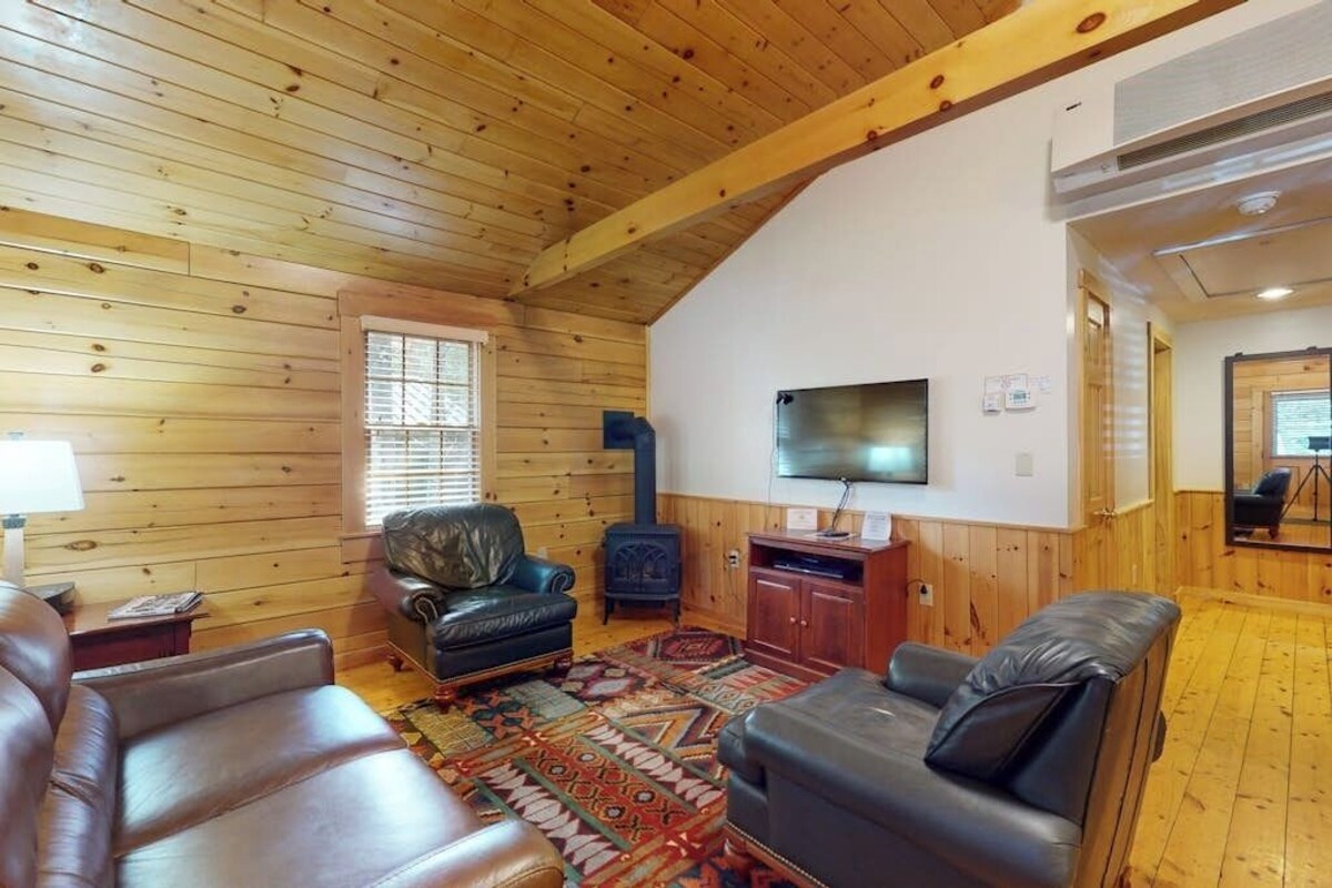 Interior de una cabaña de troncos con chimenea, sofás de cuero, televisor y alfombra estampada.