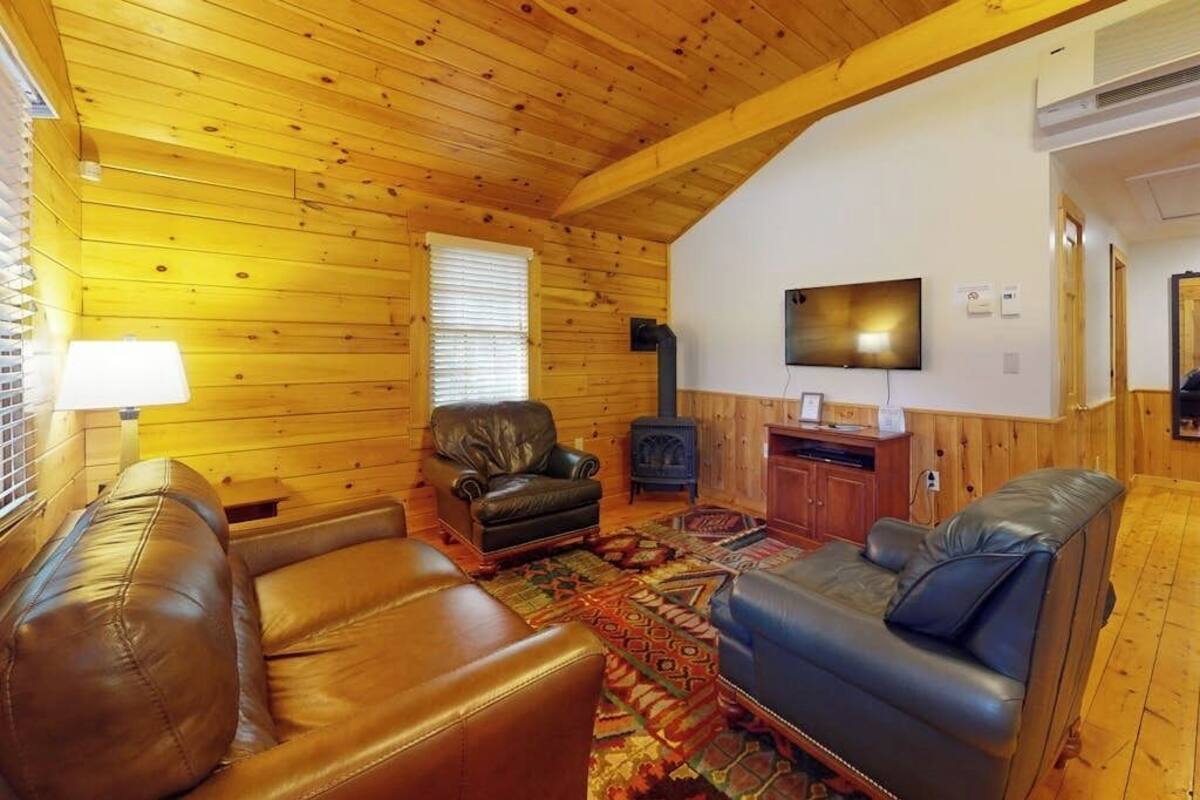 Acogedor interior de una cabaña de madera con chimenea, sofás de cuero y televisión.
