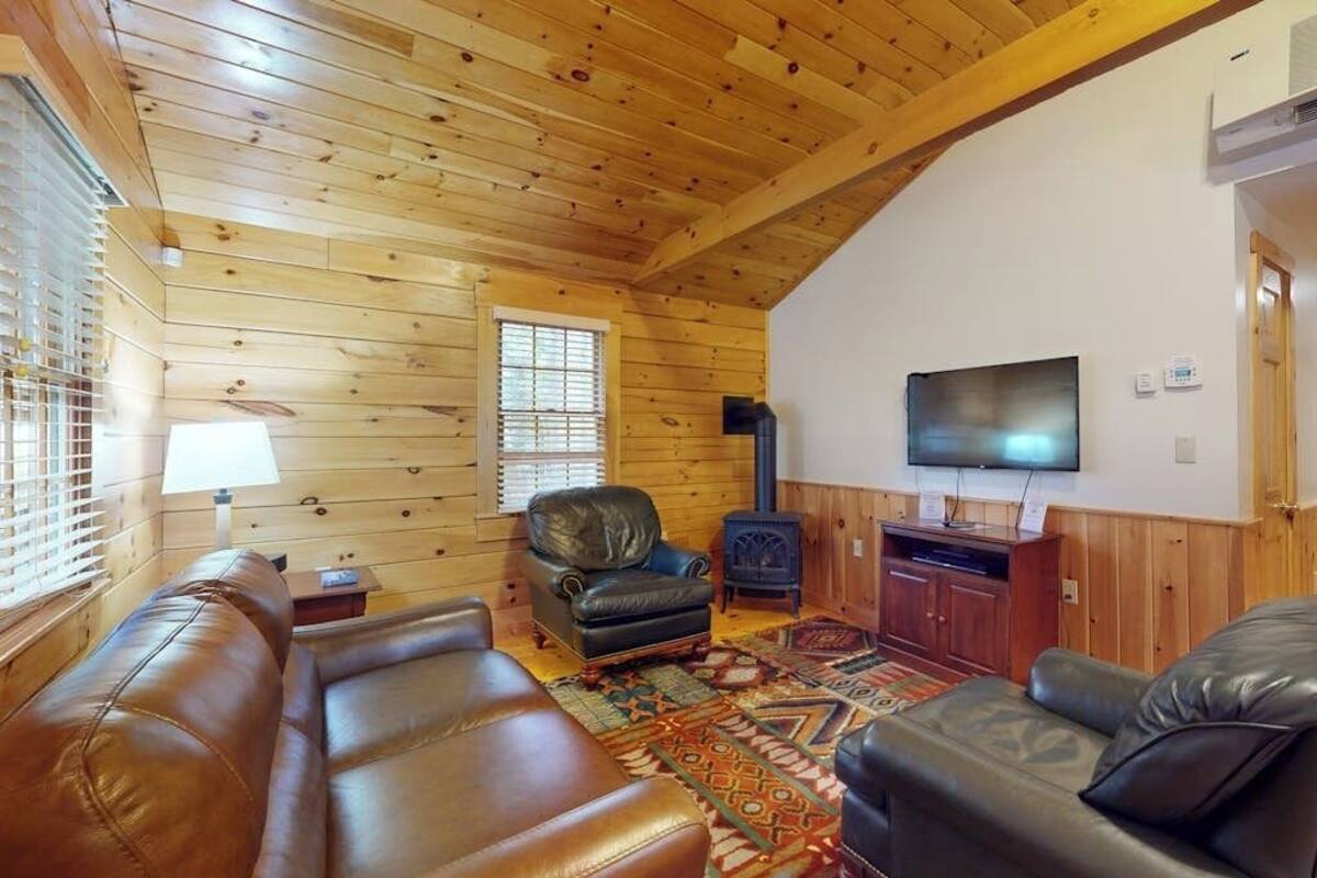 Un interior de madera con sofá, televisor y estufa de leña.