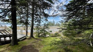 A forested area with a wooden deck and a view of a body of water. - Whispering Spruces; Cozy Studio With Queen Bed & W (South Thomaston)