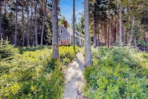 A house surrounded by a forest with a gravel path leading to it. - Dog-friendly, Waterfront Home on St. George River With Shore Access, Great Views (Port Clyde)