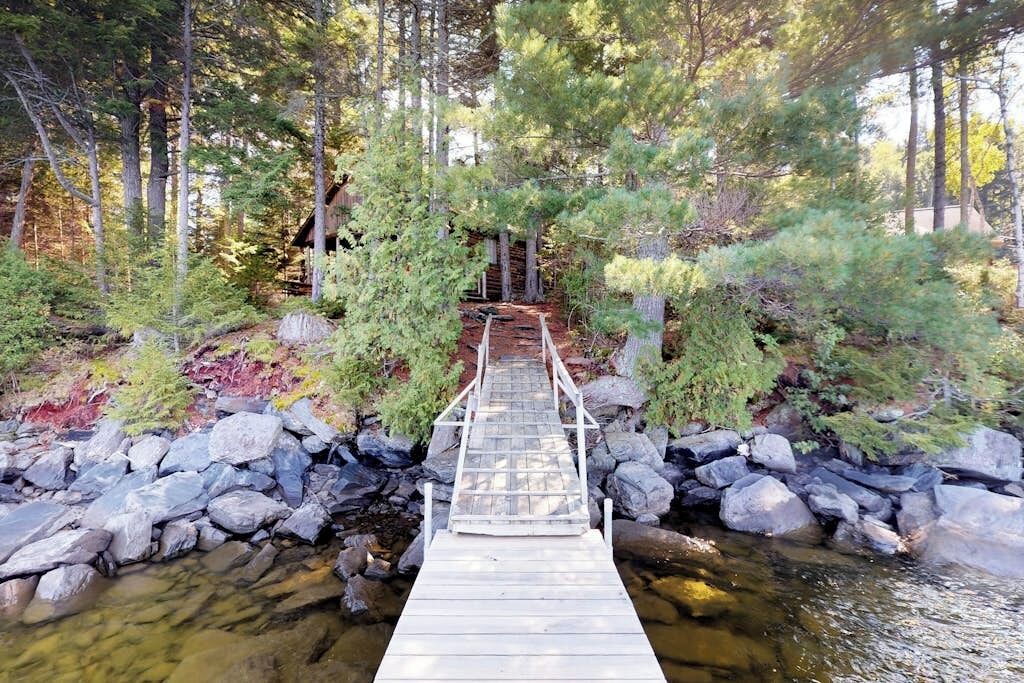 A wooden bridge over a stream in a forested area.
