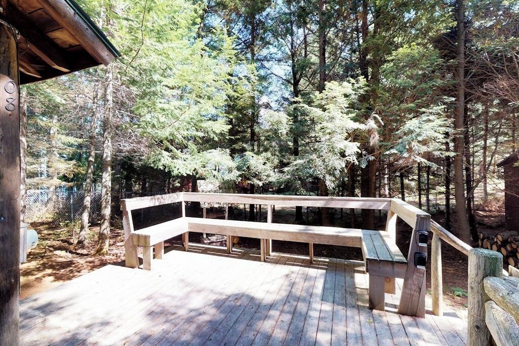 Un terrazzo in legno con panchine, circondato da alberi.