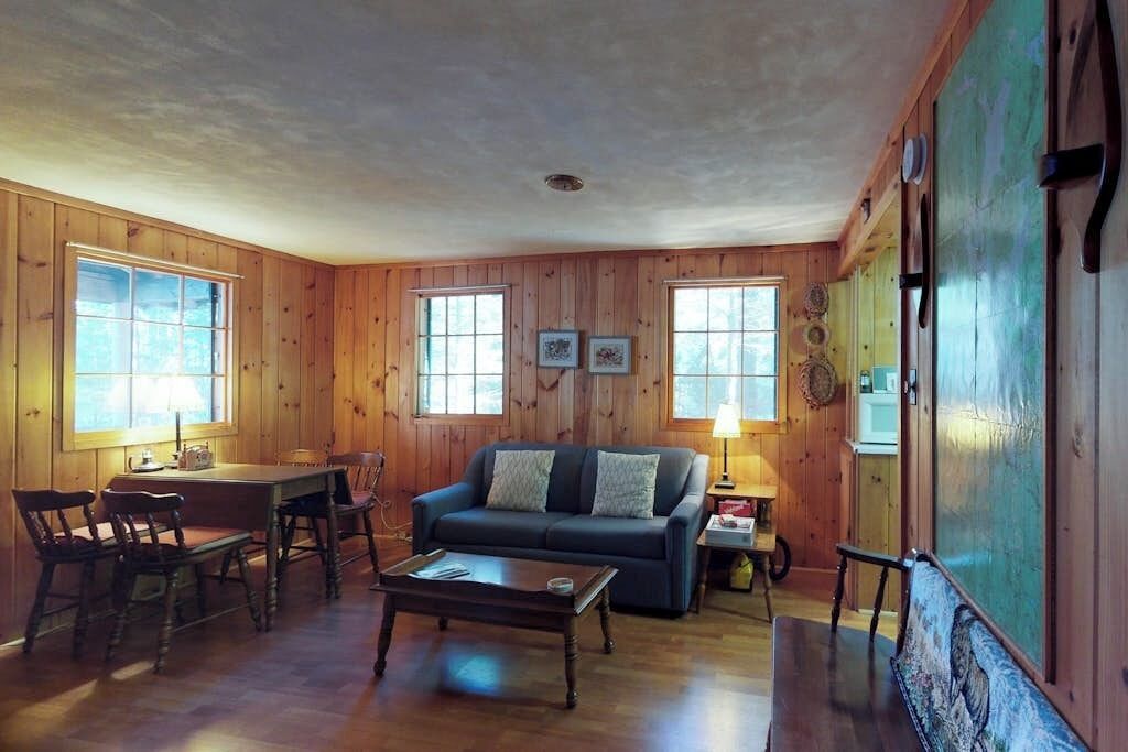 A wooden-paneled room with a sofa, dining table, chairs, and a coffee table.