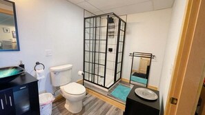 A modern bathroom with a glass shower enclosure, a toilet, a sink with a soap dispenser, and a mirror. - Slice of Heaven, Steps to the Beach (Lincolnville)