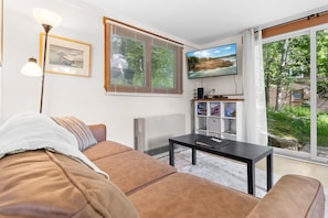 Cabin, 1 Queen Bed, Garden View (Ledgewood 11A) | Living area - Two-level Unit w/ Patio, Deck, Firepit, Private Washer/ Dryer, and Free Wifi (Seal Harbor)